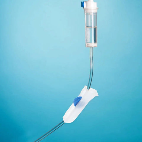 Hose Flow Rate Regulator With Roller Switch For Medical Infusion Tubing And Lab Work, Precision Control Valve shown on blue background