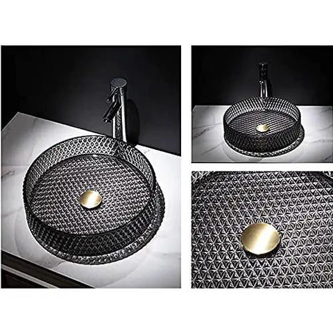 Vinta Black Tempered s Vessel Sink - Bathroom Wash Basin for Bar & Cloakroom, Countertop Basin with gold knob detail.