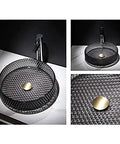 s Vessel Sink - Tempered Bathroom Basin for Bar & Cloakroom, Countertop Wash Sink with Accessories, Black Design on marble countertop.