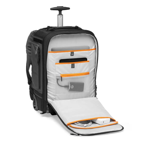 Pro Trekker RLX 450 AW II 28L Camera Roller Backpack with open front pocket showing organized compartments for tech gear.