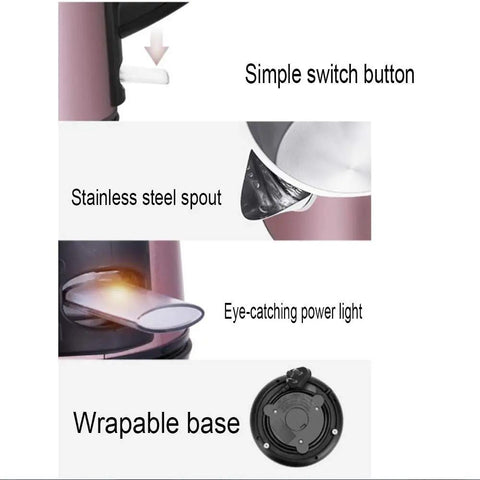 Kickin Rapid Boil Electric Kettle With Zero Hassle Auto Power Off Built From Top Shelf 304 Stainless Steel showcasing simple switch, stainless steel spout, power light, and wrapable base.