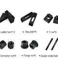 Components of Beefy 58 Piece M10 T Slot Clamp Kit including ladder horns, step plates, T-nuts, connection nuts, flange nuts, bolts
