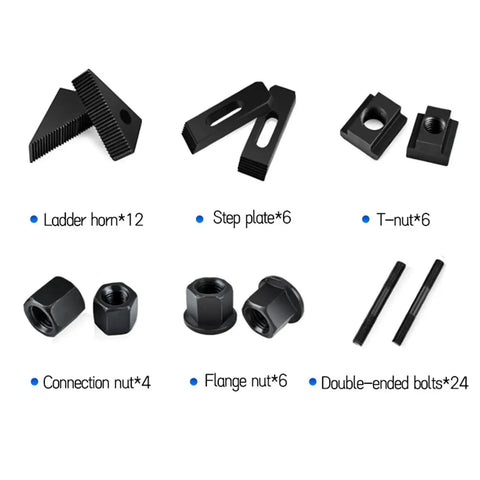 Components of Beefy 58 Piece M10 T Slot Clamp Kit including ladder horns, step plates, T-nuts, connection nuts, flange nuts, bolts