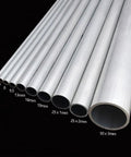 Various sizes of aluminum round tubing displayed, including Sixteen Inch Aluminum Round Tubing 1/2 Inch Outer Diameter 1mm Wall Thickness.