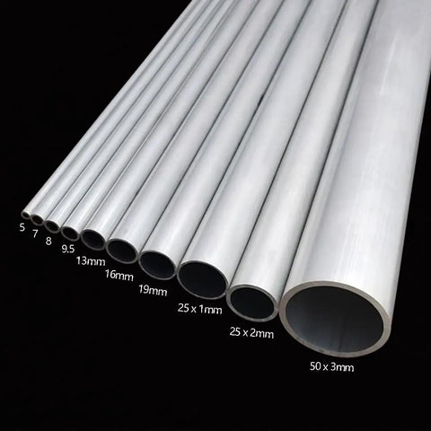 Various sizes of aluminum round tubing displayed, including Sixteen Inch Aluminum Round Tubing 1/2 Inch Outer Diameter 1mm Wall Thickness.