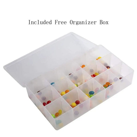 Included free organizer box with multiple compartments, showcasing colorful items inside for tool storage.