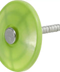 Rock Solid Electro Galvanized Roofing Nails Number 12 Gauge One Inch Long Spiral Shank With Flexible Plastic Cap Heads For House Wrap Sheathing And Underlayment Install, close-up view of a green capped nail.