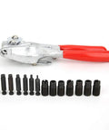 Metal Hole Punch Pliers Kit for Thin Sheets With Adjustable Depth and 16 Nozzles 2mm to 7mm, carbon steel body, close-up view.