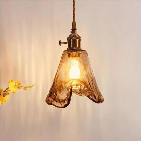 Pendant Light Amber Wavy Glass Shade Vintage Brass Hanging Lamp E26 Adjustable Cable Ceiling Fixture for Kitchen Island Bedroom Dining Room Entryway
