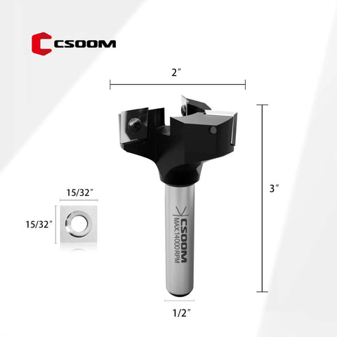 Pro Grade Heavy Duty CNC Spoilboard Surfacing Router Bit With Half Inch Shank And Two Inch Cutting Diameter Three Wing Coated Carbide Inserts Slab Flatting Planer Bit For Woodworking Includes Replacement Blades, shown with dimensions.