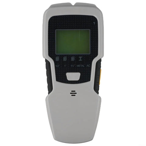5-in-1 Stud Finder Wall Scanner with LCD Display for Wood Metal Studs AC Wires Pipes Deep Scan up to 3/4 Inch Drywall Silver front view with LCD screen.
