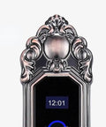 Slick Smart Fingerprint Door Lock Offering Dead Simple Keyless Entry And Hella Secure Password Backup With App Tracking Visitor Logs And No Sweat Setup For Modern Households, ornate design with digital display.