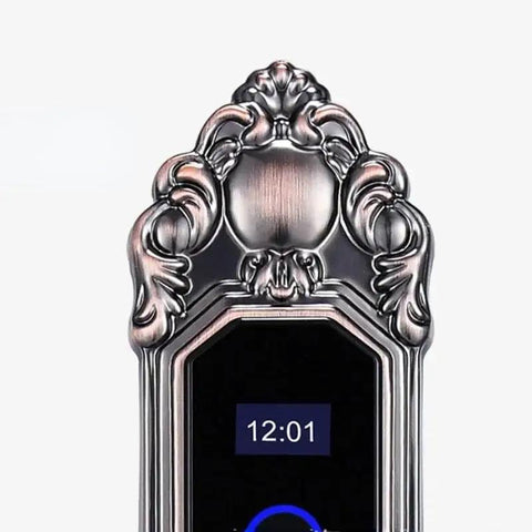 Slick Smart Fingerprint Door Lock Offering Dead Simple Keyless Entry And Hella Secure Password Backup With App Tracking Visitor Logs And No Sweat Setup For Modern Households, ornate design with digital display.
