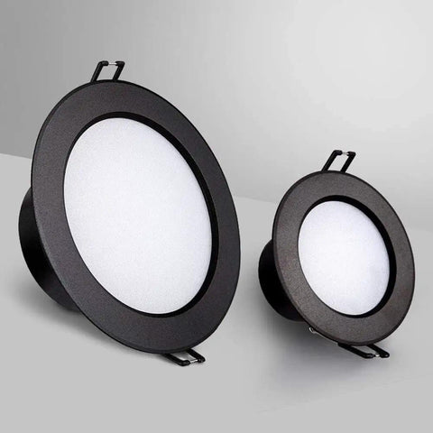 iumLeap Recessed Lighting Housing Trim Kits Aisle Recessed Lighting 7W 3000K-6000K LED Ceiling Light Daylight Indoor Can Lights in black, two sizes shown.