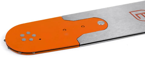 Close-up of a chainsaw guide bar end, part of 24 To 25 Inch Laminated Chainsaw Guide Bar And Saw Chain Combo With Three Eighths Pitch And 0.063 Gauge 84DL Tail Fits Stihl MS660 066 And Similar Models Durable Replacement Kit For Fast Cutting.