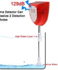 Diagram of 129dB dual probe water detector showing high and low water level detection with red strobe siren and floating sensors.