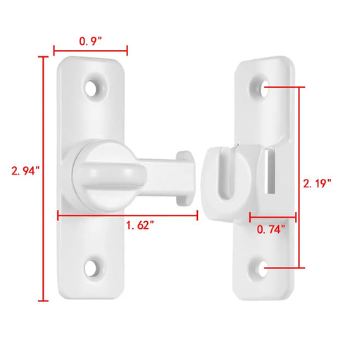 White Aluminum Alloy Gate Lock Featuring Dual Angle Design For Rugged Barn Door Latch Security smooth 90 and 180 degree pivoting with size dimensions