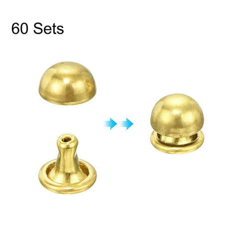 Genuine Brass Mushroom Leather Rivets Featuring Hella Durability Straight Up Smooth Gold Button Fasteners Excellent For Custom Handbags Belts And DIY Craft Repair Projects, 60 sets, 6x4mm.
