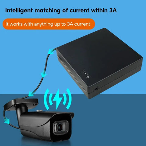 Compact Mini UPS Battery Backup For 12 Volt Routers Cameras And Speakers emergency power supply connected to camera.