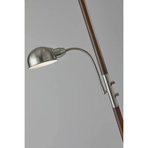 Close-up of adjustable reading light on Lexington 71 Inch Two Light Floor Lamp in Walnut Finish with metal accents.