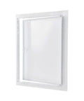 10 X 14 Inch White Steel Drywall Access Panel With Slick 145 Degree Swing Door, opened for utility access.