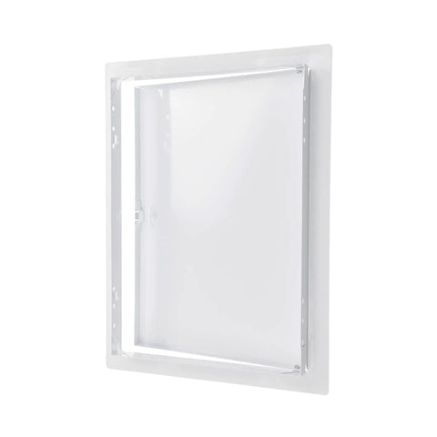 10 X 14 Inch White Steel Drywall Access Panel With Slick 145 Degree Swing Door, opened for utility access.