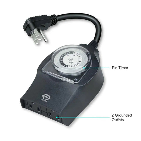 Set It And Forget It Programmable Twenty Four Hour Outdoor Light Timer Featuring Thirty Minute Intervals And Forty Eight Daily Switches Dual Grounded Outlets Rain Ready For Yard And Garage Projects Ul Listed, showing pin timer and two outlets.
