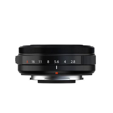 Weather Resistant Prime Lens XF27mmF2.8 R WR For X Series Cameras with external aperture ring, side view.