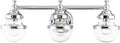 Three Light Polished Chrome Bath Vanity Light Fixture With Hand Blown Clear Glass Backplates, Sleek Modern Vibe That Is Dope for Powder Rooms and Master Baths, 17413-05 front view