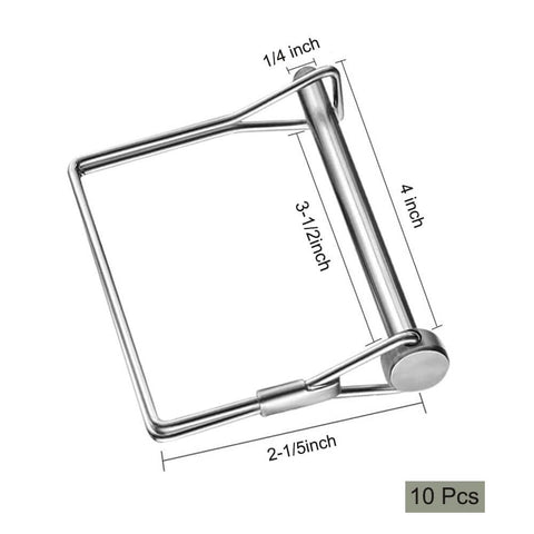 Image of 10 Pieces One Quarter Inch Wire Lock Pins Four Inch Long Stainless Steel 316 Beefy Heavy Duty Trailer Hitch Locking Pins with dimensions marked.