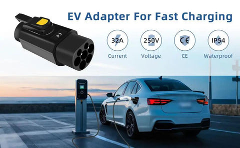 Top Shelf EV Charging Adapter Type 2 To Type 1 Converter 32A 7.2Kw Electric Vehicle Connector with 32A rating and IP54 sealing.