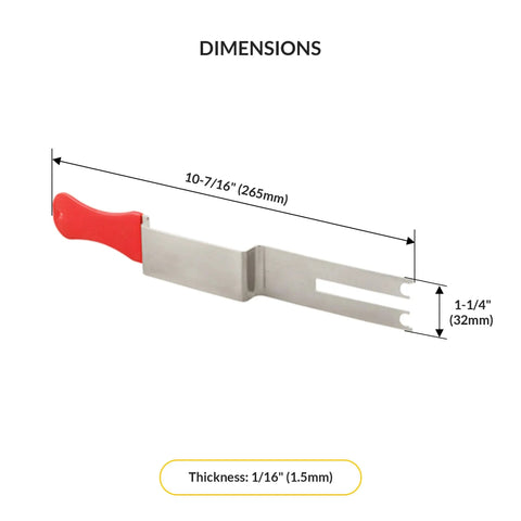 Pro Grade Emergency Break In Tool Stainless Steel Construction With Grippy Red Rubber Sleeve Compact Firefighter Quick Entry Kit, dimensions shown.