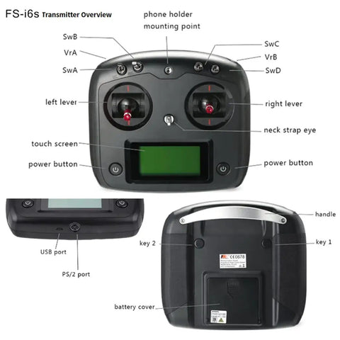 Fs-i6s 2.4G 10CH AFHDS 2A RC Transmitter With FS-iA6B Receiver overview showing touchscreen and control features