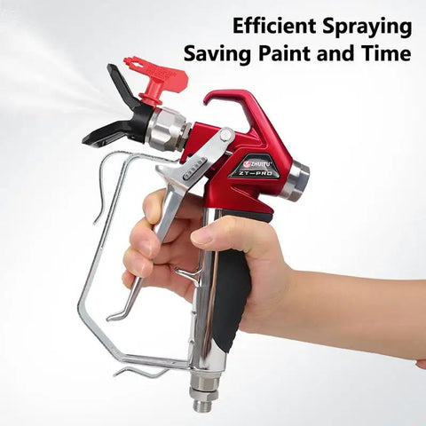 Heavy Duty Airless Paint Spray Gun With Reversible 517 Tip And Universal Swivel Joint For Big Time Finishes Zero Sweat Setup And Pro Workhorse 4000 Psi Performance in use, showing detailed grip and nozzle.