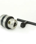 Pro Grade 1/4 Inch Keyed Drill Chuck With Rust Resistant Plated Body And 3/8-24 UNF Mount Thread Compatible With Milwaukee Power Tools, showing drill chuck and key.