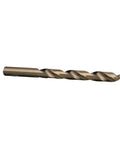 Fifteen Sixteenths Inch Cobalt Steel Taper Length Drill Bit DWDTL Series, gold oxide finish, side view for hard metals