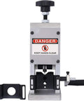 Lmaoss Manual Wire Stripper Machine Drill Powered Hand Crank Copper Cable Peeler adjustable aluminum tool with safety warning.