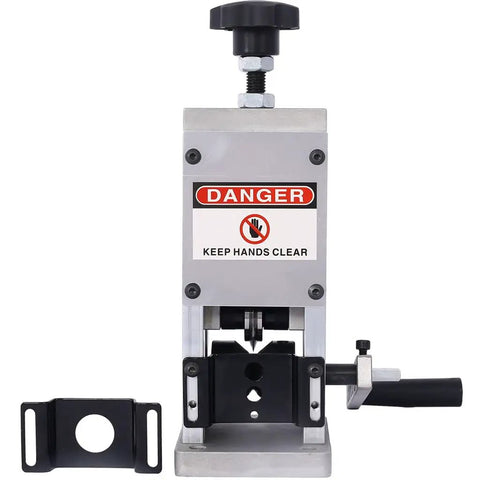 Lmaoss Manual Wire Stripper Machine Drill Powered Hand Crank Copper Cable Peeler adjustable aluminum tool with safety warning.