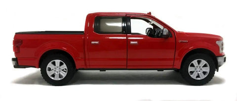 Side view of Ford F150 Lariat Crew Cab Diecast Model Truck 1 24 Scale Red With Real Rubber Tires Opening Front Doors Folding Mirrors Highly Detailed Interior And Exterior Collectible Motormax Diecast 79363