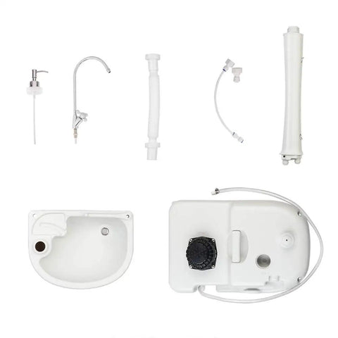 Super Heavy Duty Portable Foot Pump Wash Station With Smooth Rollin Base And No Fuss Soap Tray Plus Sturdy Hanging Rack Made For Outdoor Work Sites Rv Camps And Backyards components including faucet, sink, and pump parts.