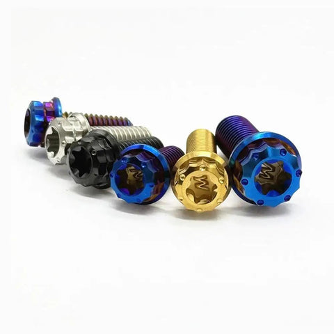 6 Pcs Gold Titanium Bolts M6X50mm T30 Torx Flange Screws Built Like A Tank For Street Rods Machine Shop Grade Gear Zero Slack Grip Perfect For Hot Rod Builds And Custom Bike Assembly Projects in various colors.