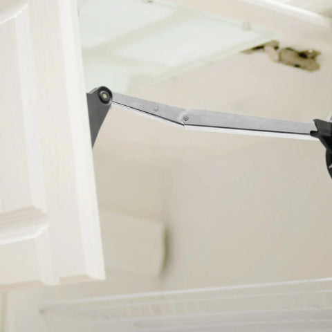 Two Pack 10 Inch 100N Gas Spring Cabinet Hinges With Soft Close attached to wooden cabinet door for lid support