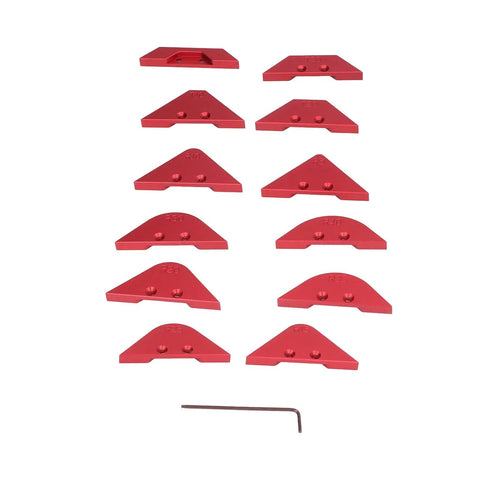 Pro Grade Router Table Corner Jig And Radius Template Kit For Hustling Carpenters with 12 red aluminum templates and hex wrench.