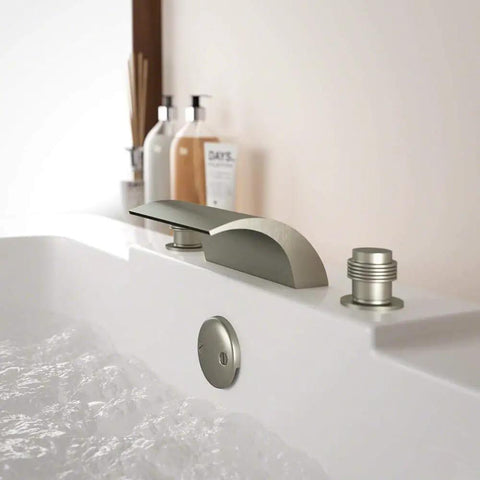 Two Handle Tub Mount Roman Tub Faucet In Brushed Nickel Finish With Easy Three Hole Installation Lead Free Construction Quarter Turn Ceramic Cartridges Pressure Tested Modern Bath Upgrade For A Sleek Durable Dope Look installed on bathtub