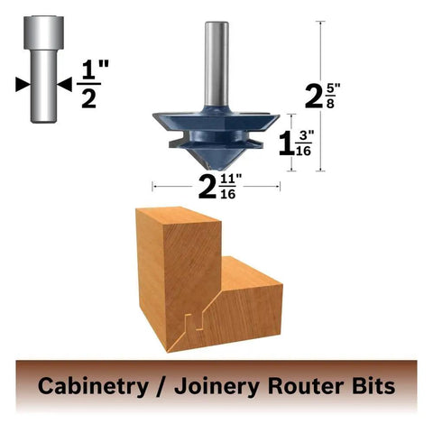 Carbide Tipped Lock Miter Joint Router Bit 2-5/8 x 1-3/16 In for precise right angle and glue joints with micrograin tips.