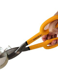 Hand holding 12 Inch Tin Snips With Comfort Grip For Sheet Metal Cutting Straight Pattern Tinners Snips cutting metal sheet