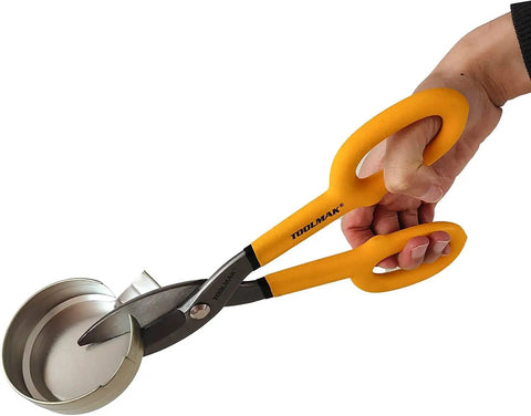 Hand holding 12 Inch Tin Snips With Comfort Grip For Sheet Metal Cutting Straight Pattern Tinners Snips cutting metal sheet