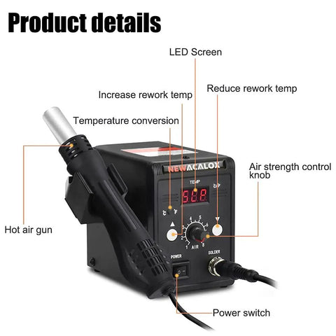 Hot Air Rework Station With Fahrenheit And Celsius Digital Display showing detailed features and controls