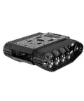 Side view of tracked tank chassis with encoder DC motor, suspension shock absorption, beefy full metal robotic moving platform.