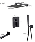 UMJIGF Shower System Wall Mounted Concealed Shower Faucet Set Multifunction Matte Black Shower Combo Set with Shower Head components with dimensions.